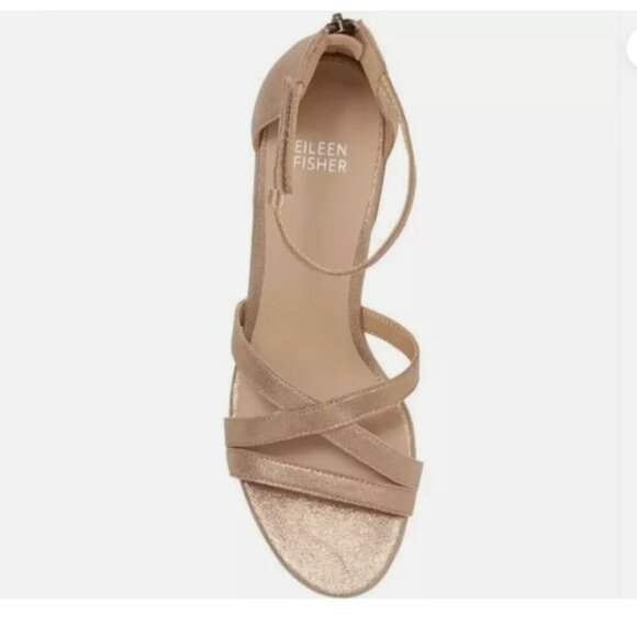 Eileen Fisher Jazzy Heel Sandals  Gold Platinum Leather Block Strap 9 - Picture 5 of 16